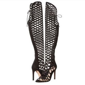 Vince Camuto Keliana Black Caged Over the Knee Gladiator Boot Peep Toe Size 7.5